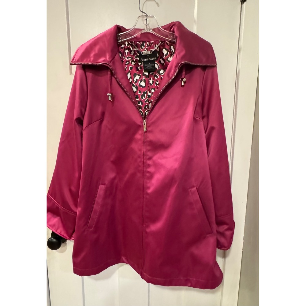 Dennis Basso Womens Magenta Pink Zip Front Hooded Jacket Leopard Lining Medium